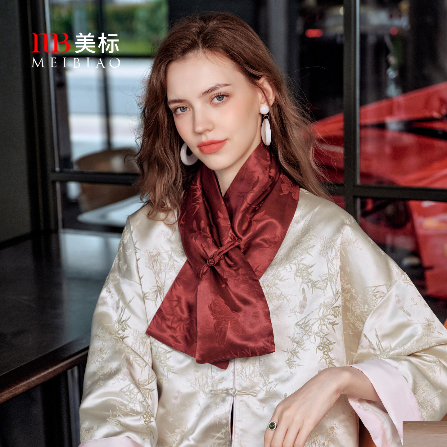 美标红色真丝围巾女冬100%桑蚕丝填充保暖加厚中国风围脖新年礼物