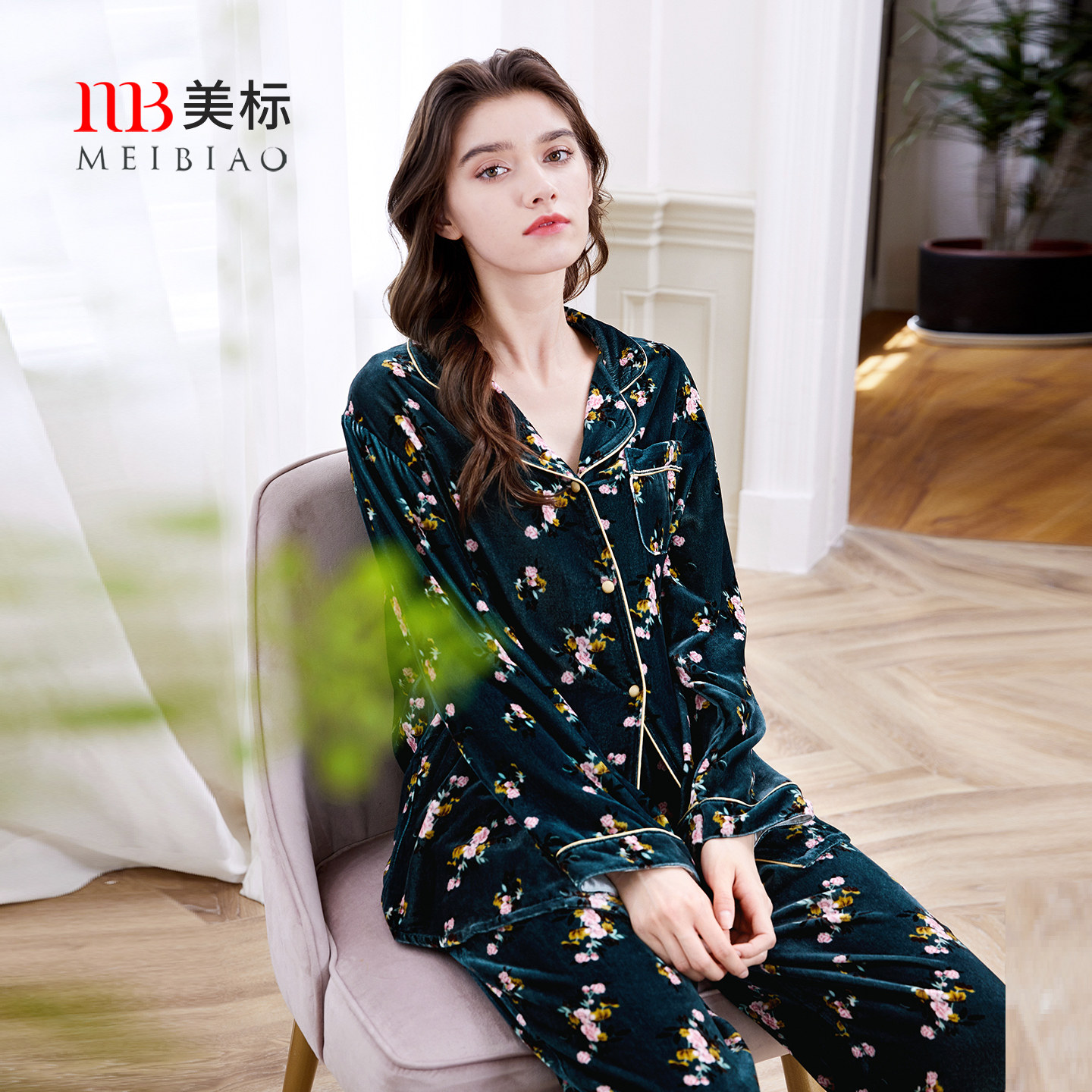 美标女士秋冬真丝金丝绒睡衣套装复古高级感桑蚕丝保暖家居服冬春