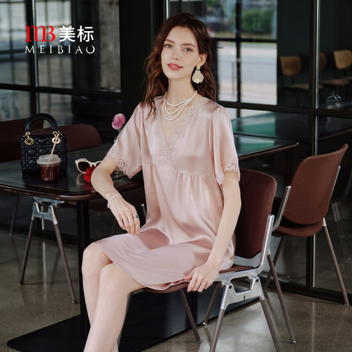 美标真丝短袖花边睡裙