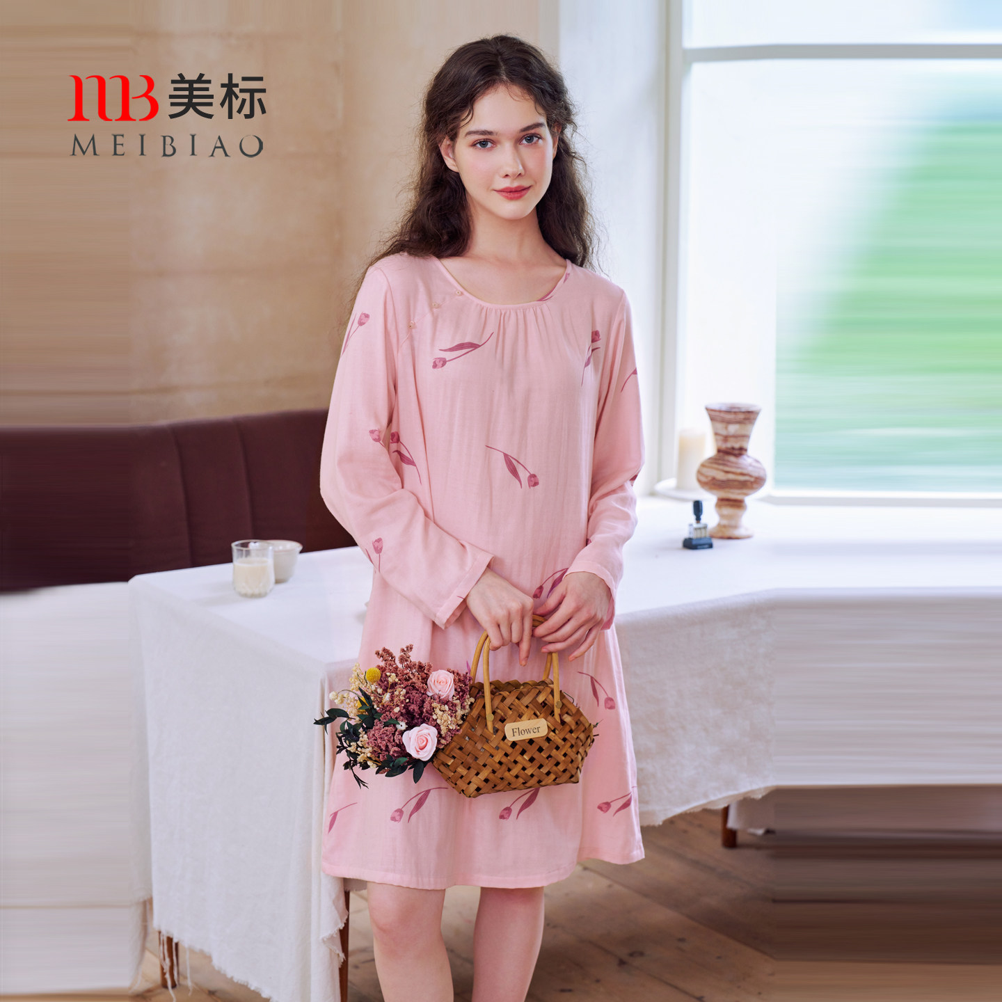 美标春秋新款长袖纯棉睡裙女双层棉纱全棉复古新中式中国风家居服