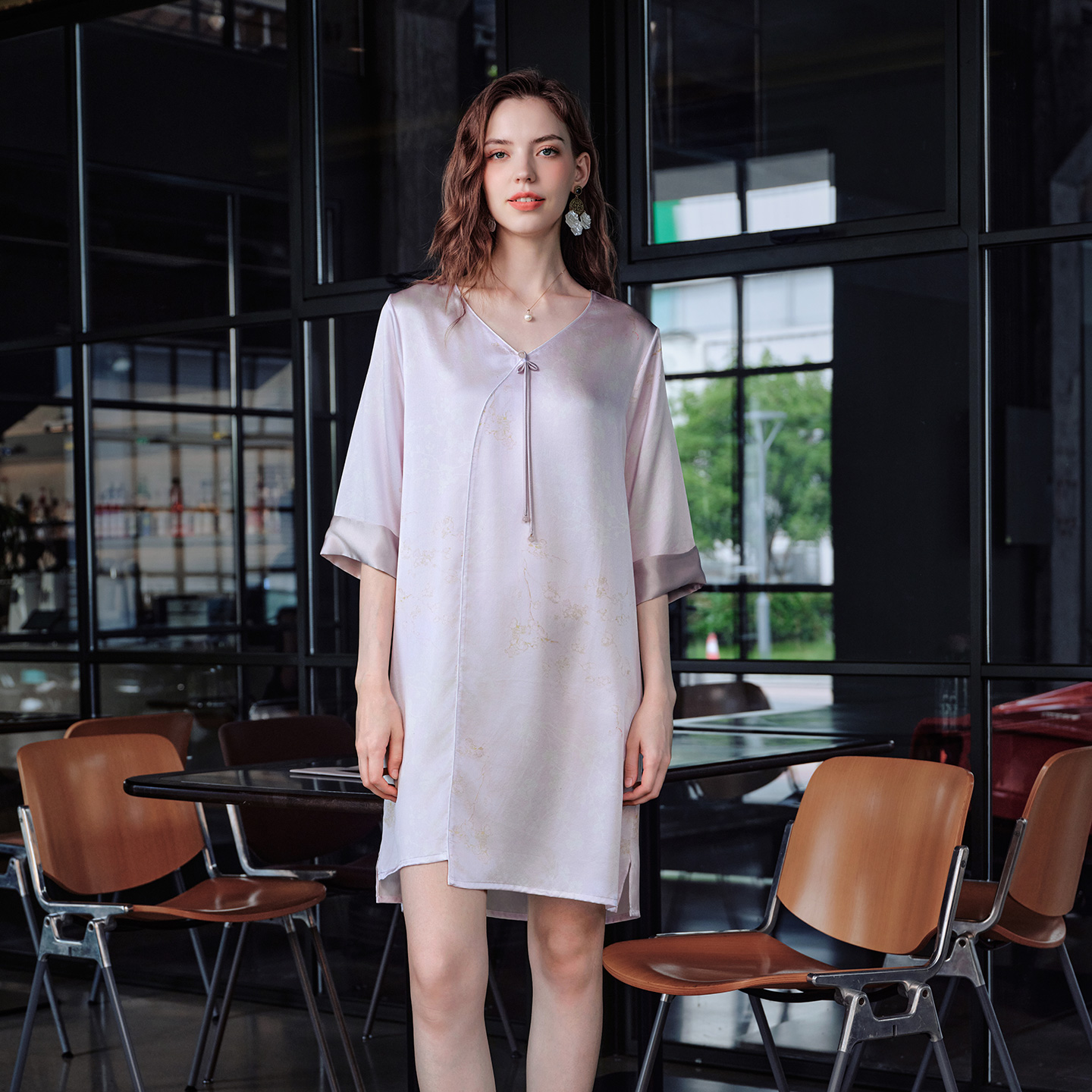 美标真丝素绉缎七分袖睡裙