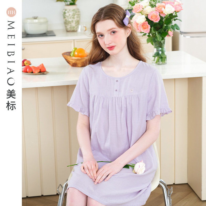 美标新款纯棉睡裙女夏薄款双层棉纱全棉可外穿睡衣文艺复古家居服
