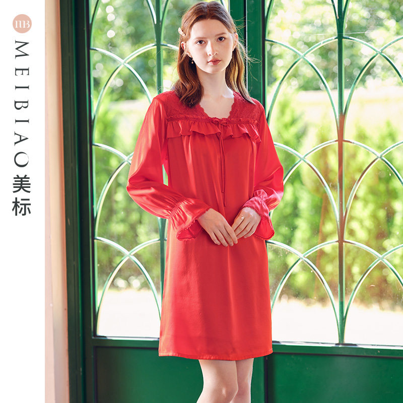 美标重磅长袖真丝睡裙女春秋桑蚕丝睡衣宫廷风红色本命年家居服夏