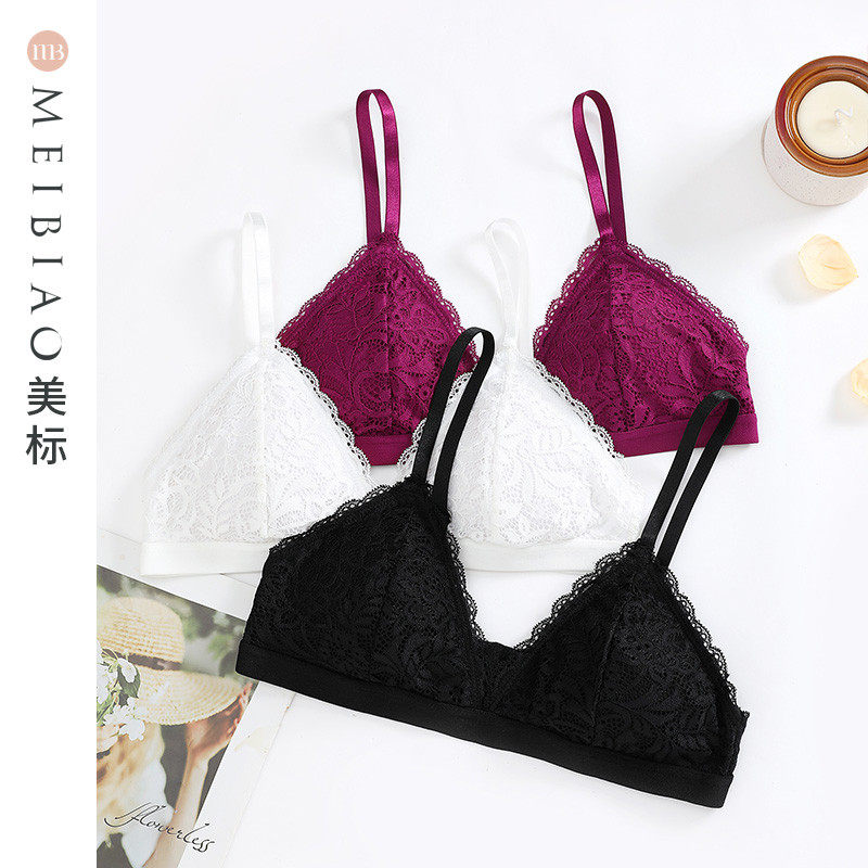 美标性感内衣女无钢圈法式蕾丝抹胸胸罩薄款桑蚕丝绸真丝里料文胸