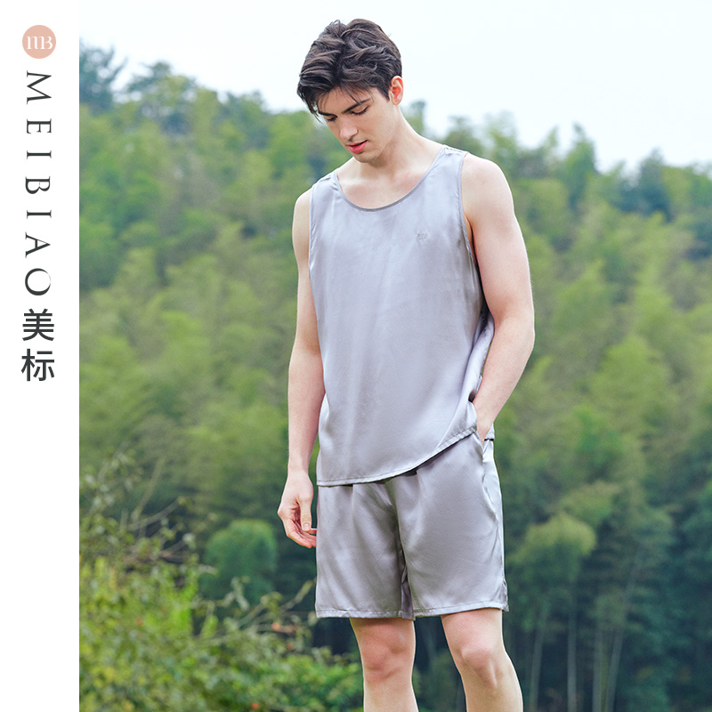 美标新款无袖背心真丝睡衣套装男士春夏桑蚕丝重磅丝绸休闲家居服