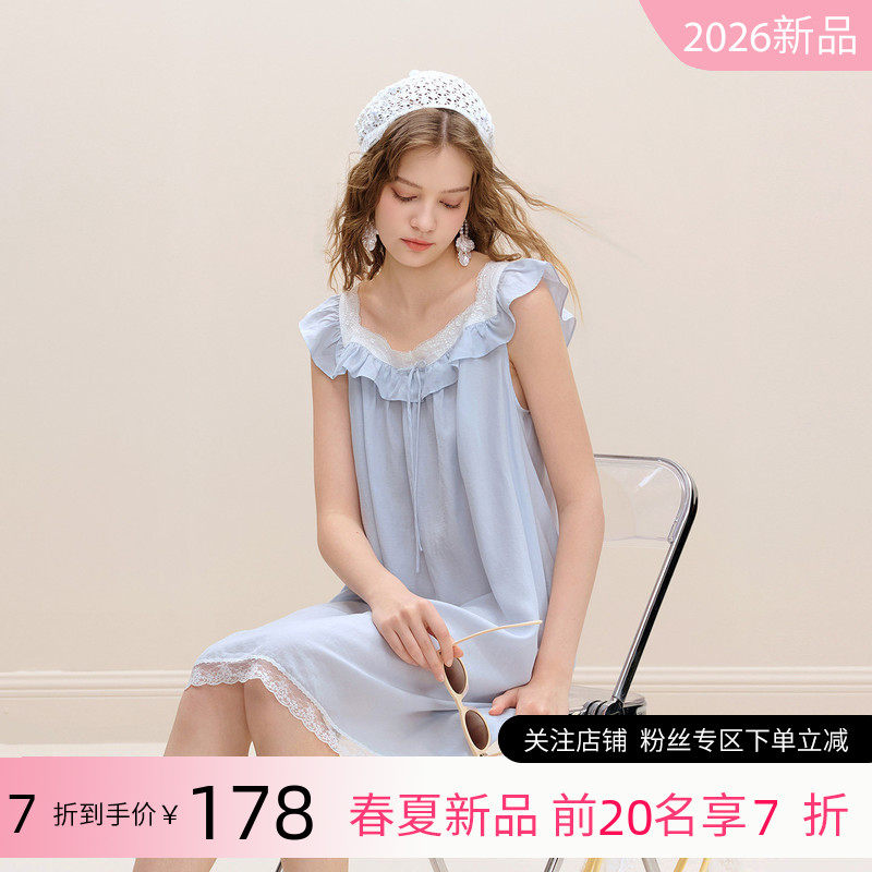 美标新款法式宫廷风莱赛尔亚麻睡裙女夏蕾丝花边可外穿睡衣家居服