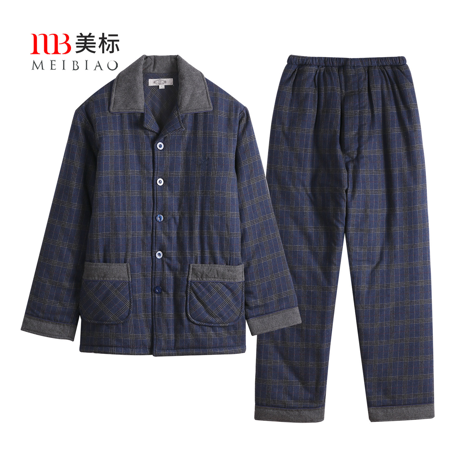 美标男士三层加厚夹棉纯棉睡衣套装秋冬保暖休闲格子全棉质家居服