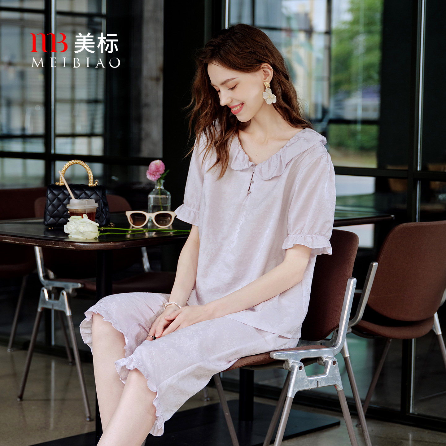 美标桑蚕丝女士短袖睡衣套装图片