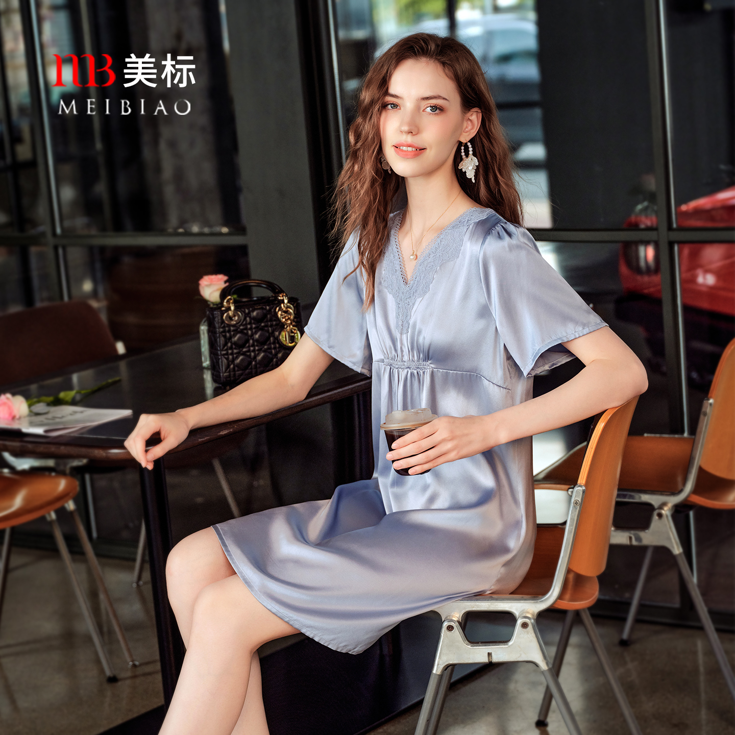 美标新款短袖真丝睡裙女夏薄款桑蚕丝绸蕾丝睡衣纯欲风凉感家居服