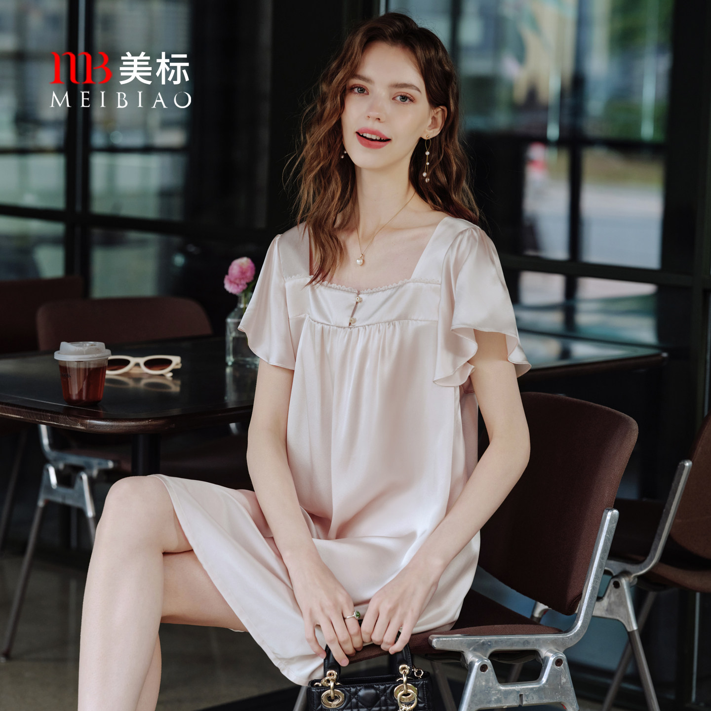 美标凉感桑蚕丝短袖睡裙图片