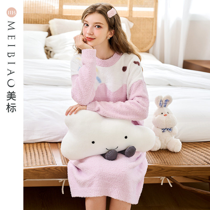 美标半边绒保暖睡裙女秋冬雪尼尔睡衣珊瑚绒甜美可爱可外穿家居服