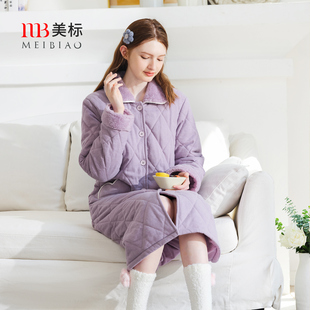 美标三层加厚保暖夹棉纯棉睡袍女秋冬全棉质睡衣甜美可外穿家居服