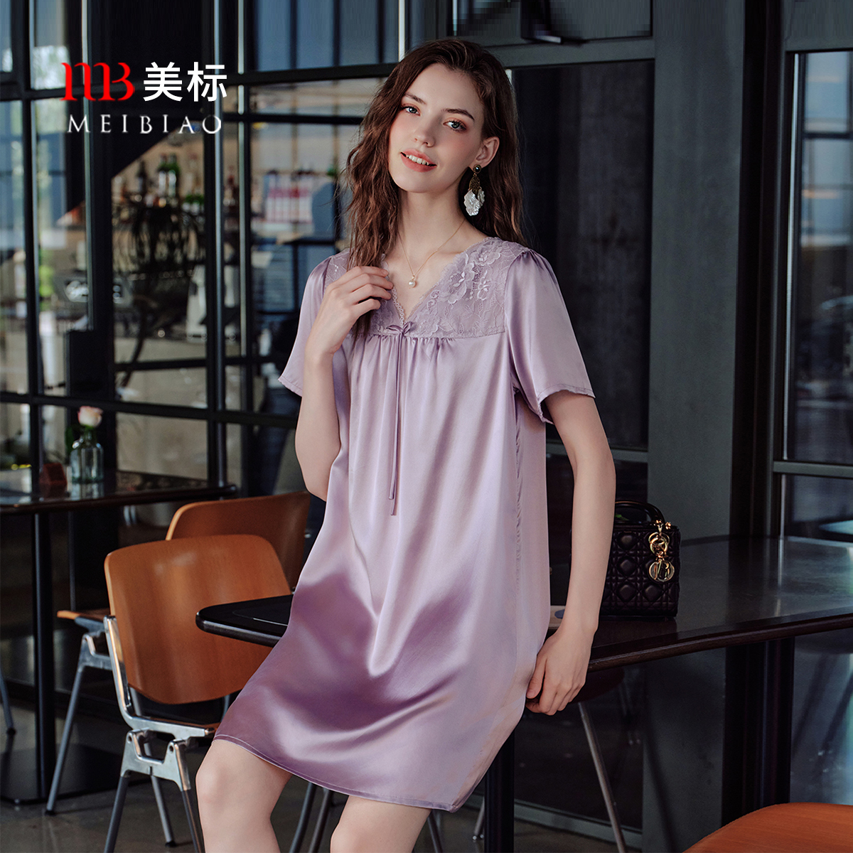 美标短袖真丝睡裙女夏100%桑蚕丝睡衣甜美丝绸蕾丝休闲时尚家居服