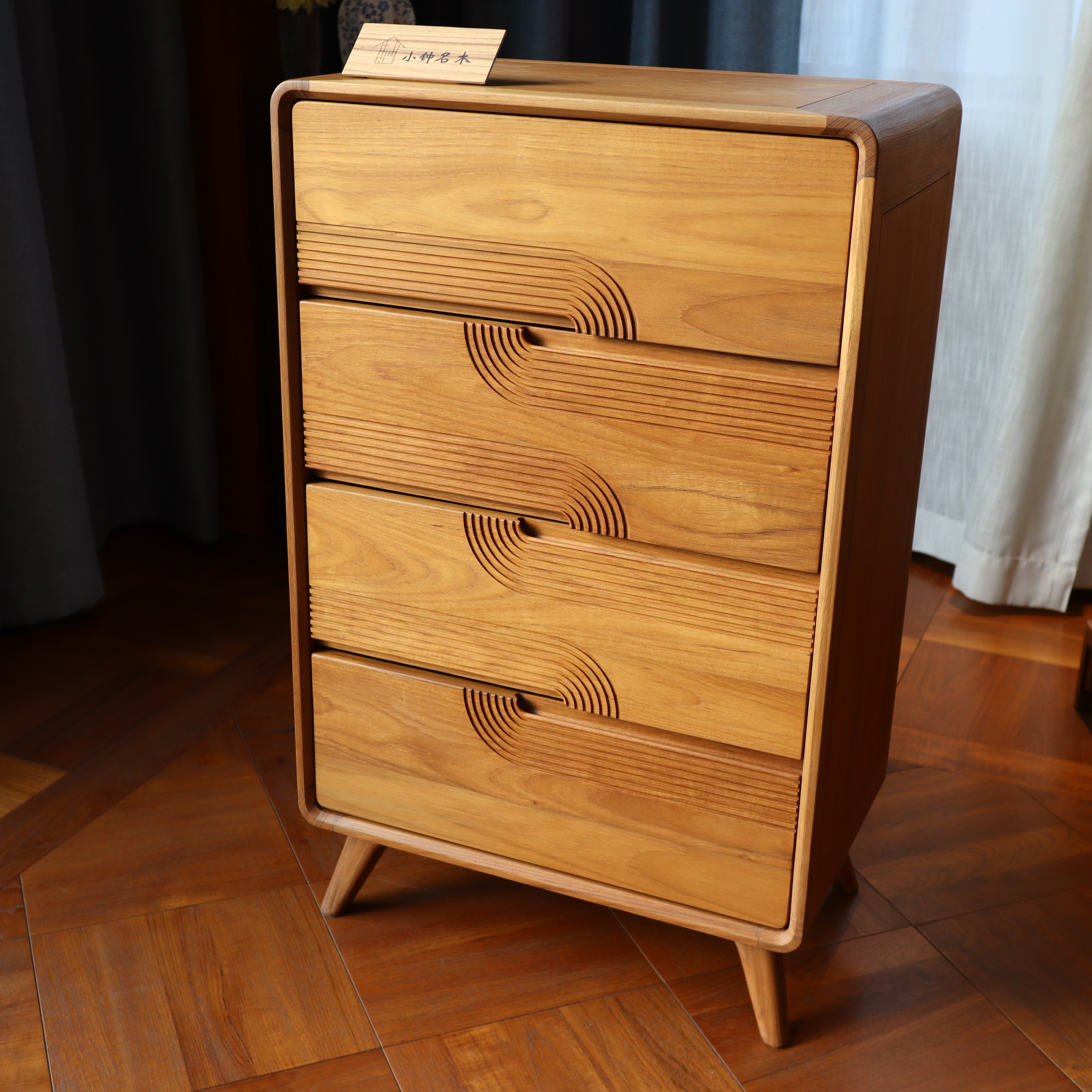 小钟 六线谱斗柜缅甸柚木四斗柜收纳柜抽屉实木原木边柜卧室客厅