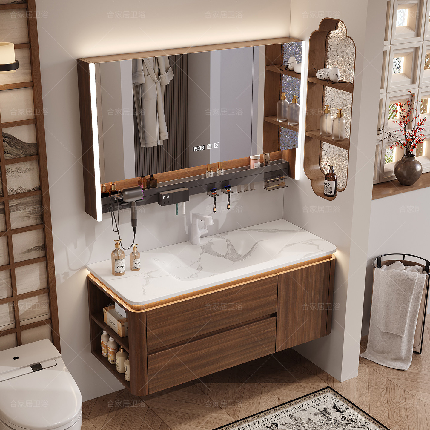 中古风胡桃木岩板热弯一体盆