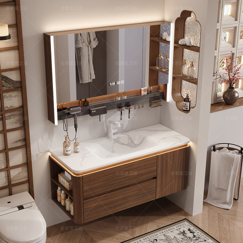 中古风胡桃木岩板热弯一体盆