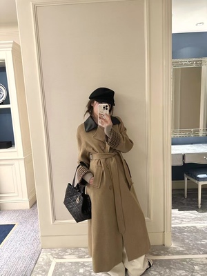 DAKUANGA 高智气场大衣外套女秋冬拼接黑领中长款过膝休闲呢大衣