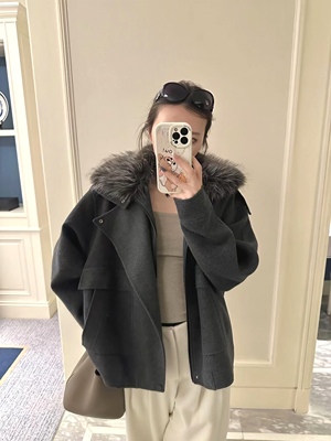 DAKUANGA 原创设计深灰色羊绒大衣女外套秋冬真毛领短款夹克上衣