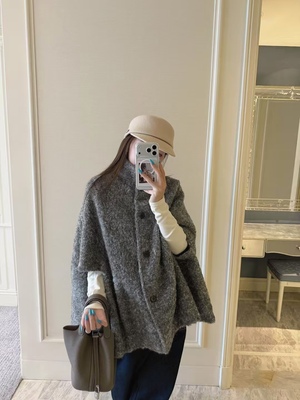 DAKUANGA 原创设计立领圈圈毛斗篷披肩上衣女冬加厚毛呢外套大衣