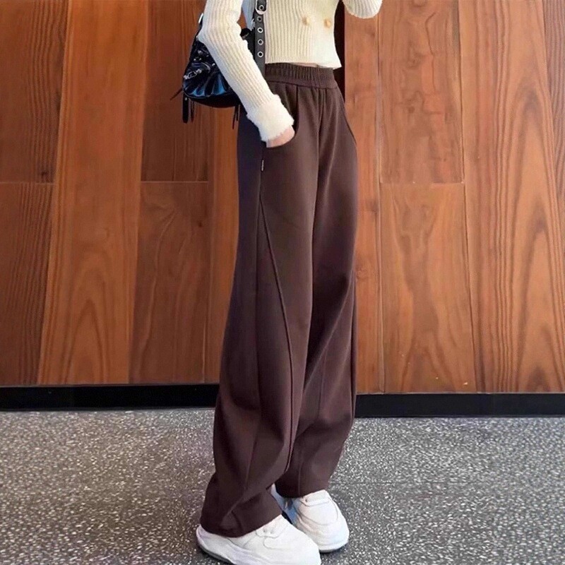 韩国复古休闲咖棕色运动裤子女秋季薄款美式弯刀巨好看卫裤香蕉裤