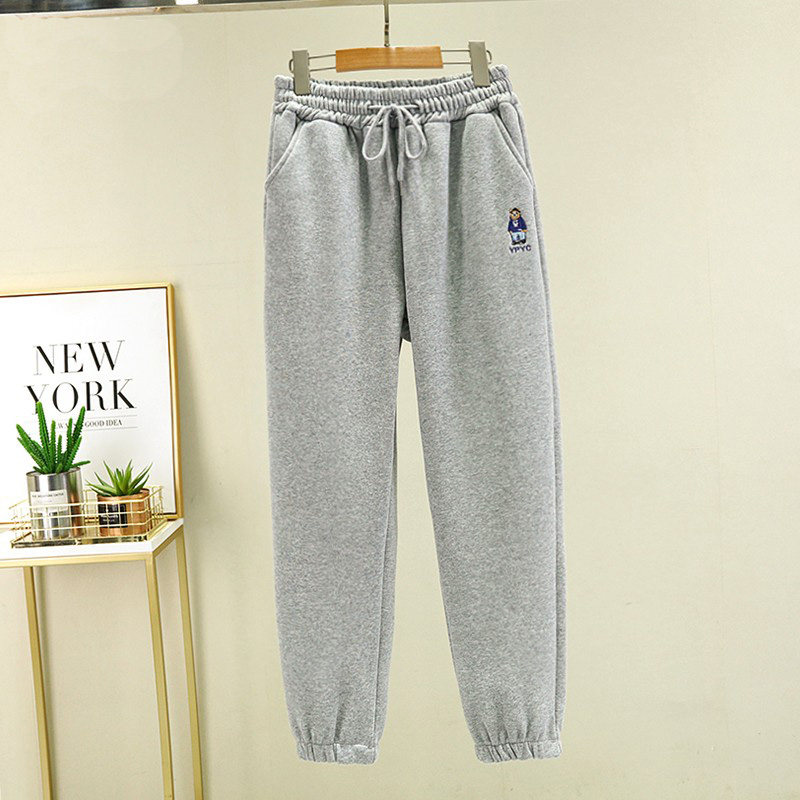 韩国小熊刺绣灰色束脚卫裤女2025秋冬加绒宽松显瘦休闲百搭运动裤