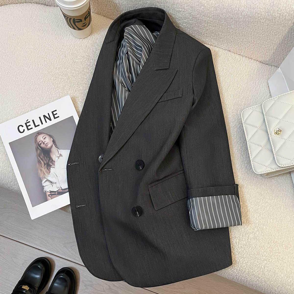 韩国灰色覆古条纹袖西装外套女2025春秋新款小个子高级感气质西服