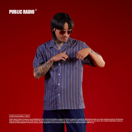 PUBLIC RADIO｜美式复古条纹古巴领街头短袖衬衫冰丝纯棉透气男女