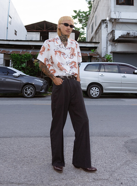 PUBLICRADIO美式复古灰条纹折裤脚折角设计喇叭阔腿西裤公共电波