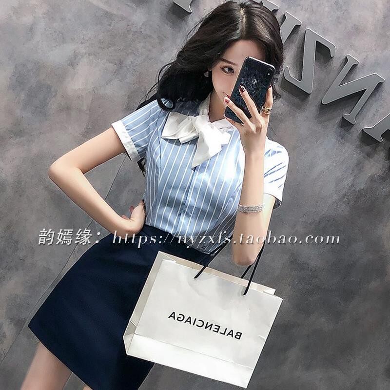 短袖衬衫女士夏装蓝条纹蝴蝶结职业装工作服正装气质宽松新款衬衣