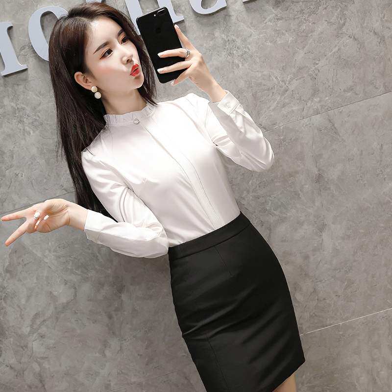 职业装加绒衬衣女长袖2021秋冬新款气质立领白色衬衫OL正装打底衫