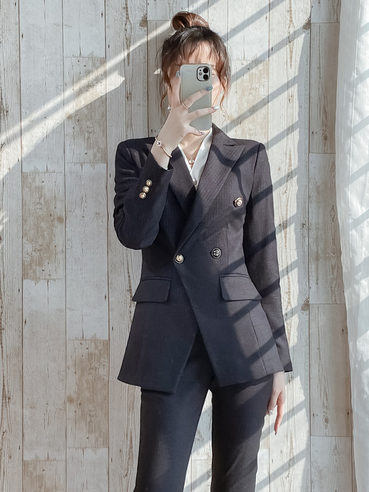 职业西装套装女时尚气质白领干练通勤条纹西服秋冬2022新款工作服
