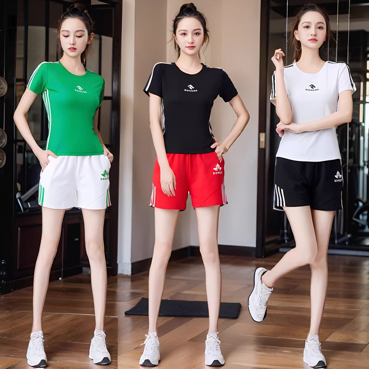 2024新款夏季广场舞服装短袖短裤字母运动时尚套装健身操团体服女