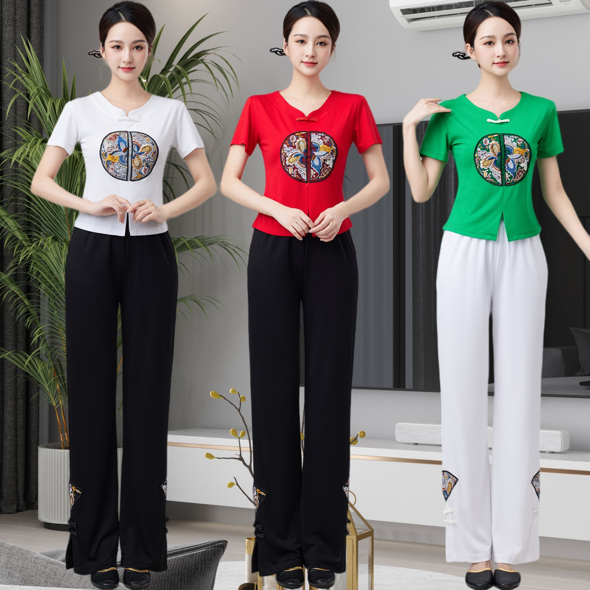 广场舞服装新款2024夏季古典国风套装盘扣大码跳操服健身服套装女