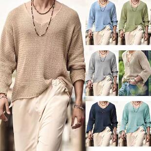 2025秋季 新款 毛衣男覆古宽松上衣men tops 纯色V领休闲 外贸男装