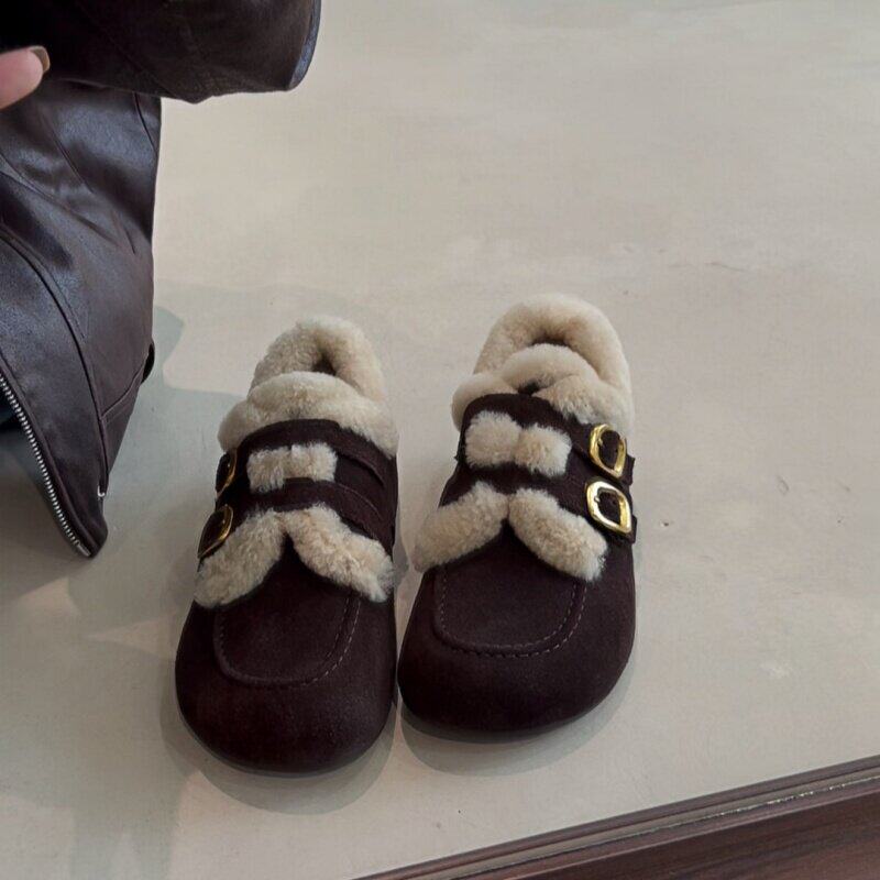 万达品牌真皮2026秋冬新款复古加绒保暖毛毛厚底内增高勃肯鞋女鞋