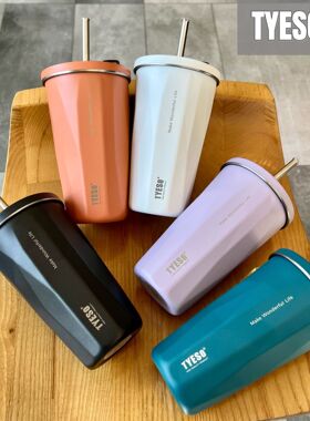 tyeso菱形水杯真空不锈钢保温保冷咖啡杯高颜值大容量车载吸管杯
