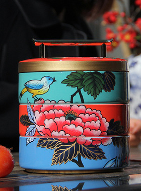 新中式创意陶瓷三层收纳盒彩绘家居装饰摆件首饰盒茶几结婚