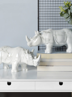跨境大理石纹犀牛摆件办公室玄关家居装饰品摆设树脂工艺品