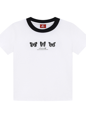 54YS蝴蝶标语字母拼色正肩短款T袖百搭休闲夏季流行