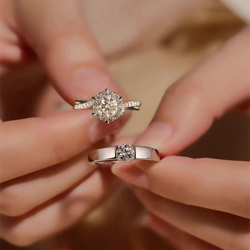 正品D色莫桑石钻戒女情侣对戒男一对纯银1克拉求婚结婚戒指送礼物