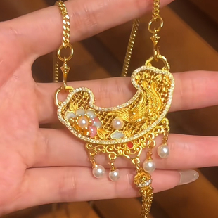 沙金流苏吊坠项链女轻奢小众高级感锁骨链送女友珐琅彩珍珠 新中式