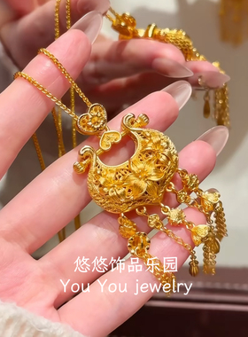 新中式沙金花丝璎珞锁百合花流苏锁包项链女轻奢镂空如意锁锁骨链