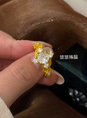 Vintage中古拉丝镶钻月桂叶戒指女新款轻奢小众高级精致爆闪指环