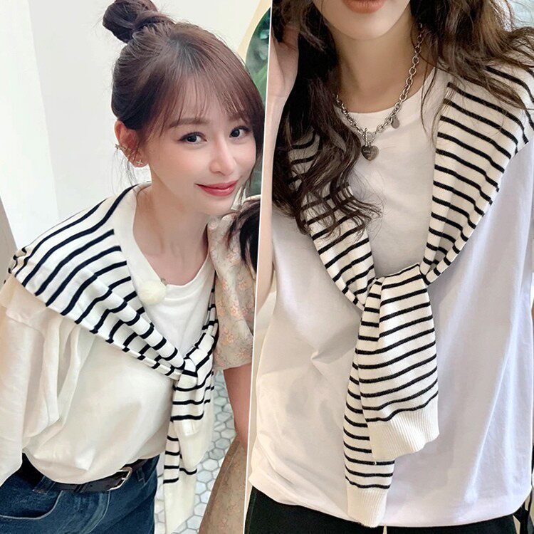 日本优选MUJIE针织条纹小披围巾/丝巾/披肩