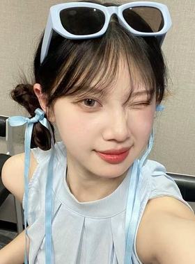 日本优选MUJIE复古蓝色方形多巴胺风Y2K墨镜女2025新款圆脸拍照太