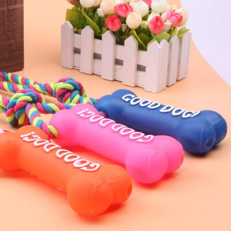 新品宠物用品搪胶宠物挂绳英文骨