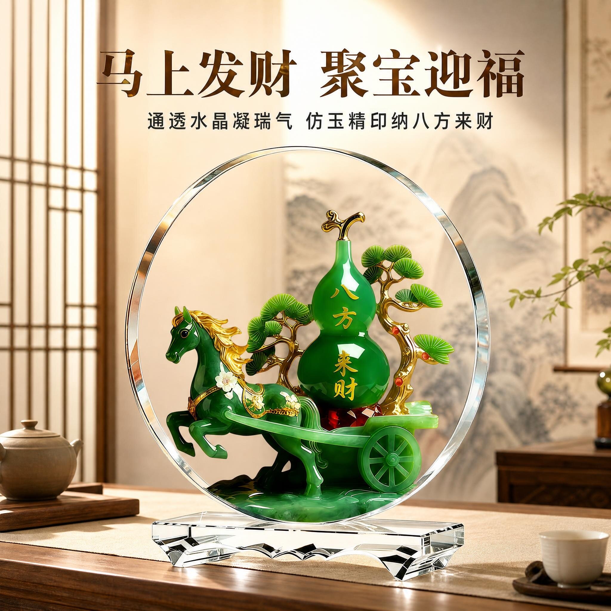 马上八方来财水晶摆件开业送礼玄关客厅办公室电视柜招财纳福摆件