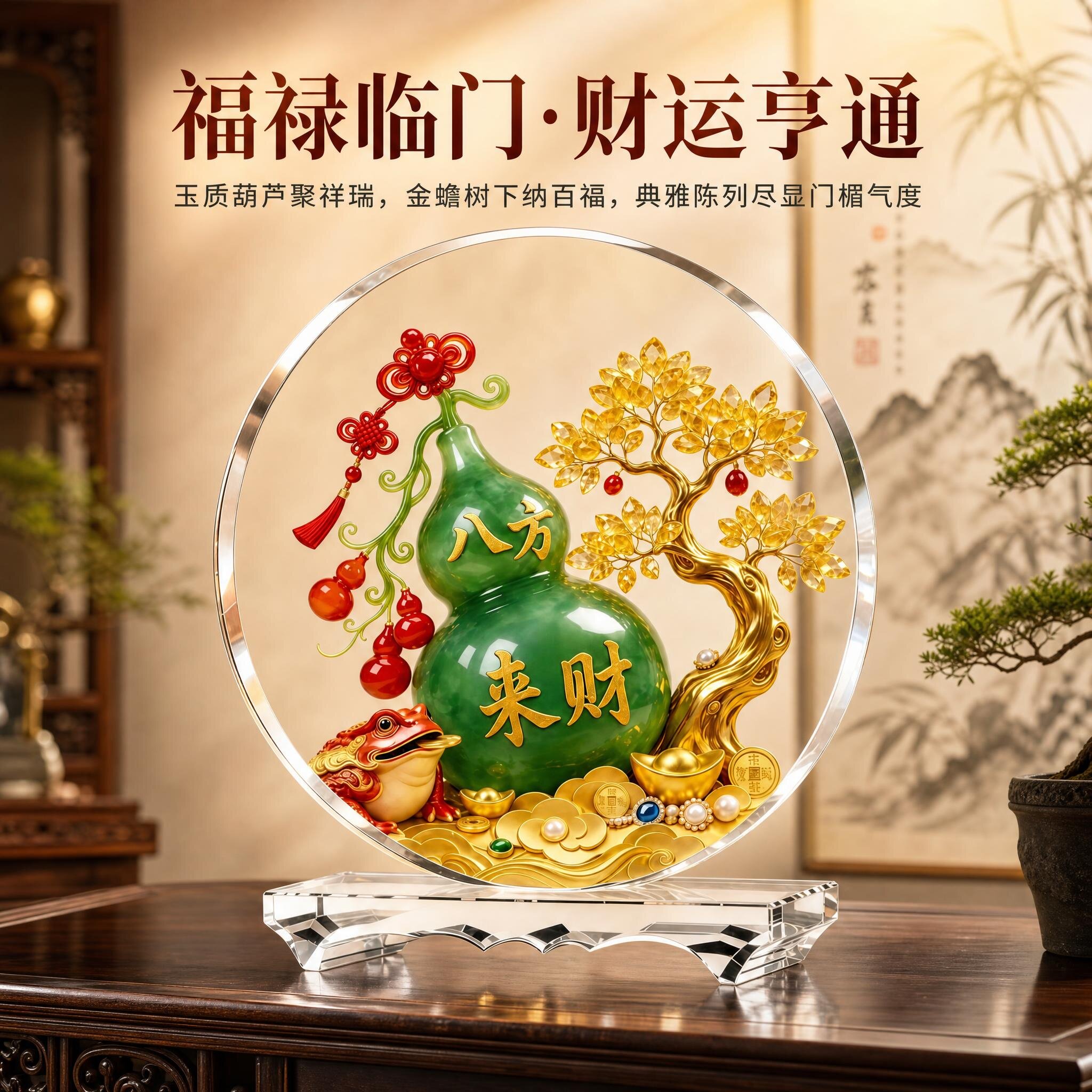 八方来财金钱树葫芦水晶摆件公司开业送礼前台玄关办公桌摆件