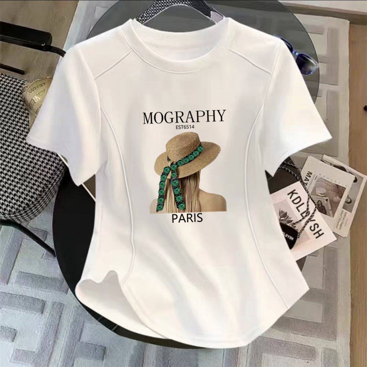 2026夏季新款纯棉短袖t恤女白色修身显瘦正肩印花百搭上衣潮圆领