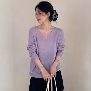 韩系镂空V领亮片薄款针织衫女秋冬2025新款宽松长袖防晒罩衫上衣